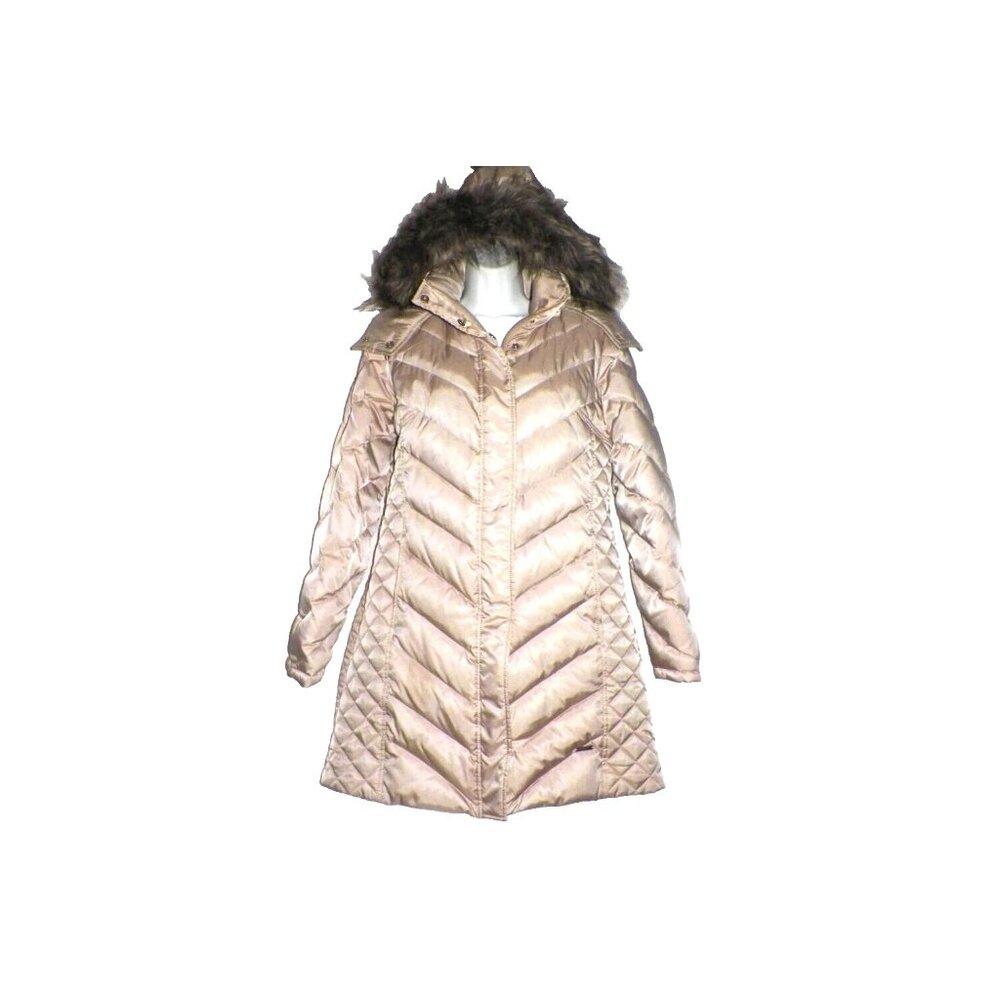 Women's M Reaction Kenneth Cole GIII Down Puffer Coat Satin Champagne Fur Hood